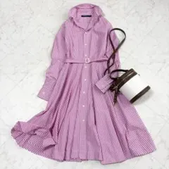 【ラルフローレン】シャツワンピース　フレア　膝丈　ストライプ　ベルト　ピンク　白