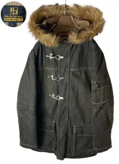 ボアフード×メタルバックルデザイン ブラックデニムコート中綿入り ゆったりサイズ