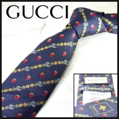 ☆即発 GUCCI ネクタイ ネイビー 蜂タグ 果実 GG柄 伊製 シルク 美品