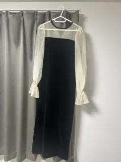 Chico ブラックドレス 配色シースルータイトロングドレス フリル