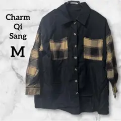 一点物❗️Charm Qi Sang 【M】長袖シャツ 黒 チェック柄 切り替え
