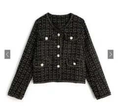 ラメツイードパールボタンノーカラージャケット[ks166] ブラック