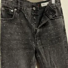 ZARAラインストーンデニムパンツレディース スタッズパンツブラックグレーM