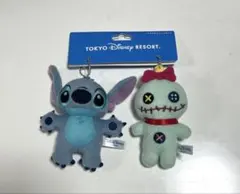 Disney ぬいぐるみバッジ スティッチ＆スクランプ ペア　キーホルダー