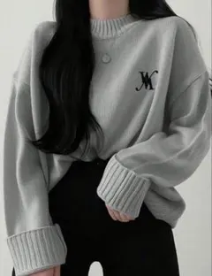 SHEIN グレー ニット セーター無地 レター刺繍 クルーネックセーター