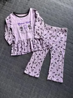猫　フリル付きパジャマセット　猫柄　90〜95cm 綿100% 紫色　春秋