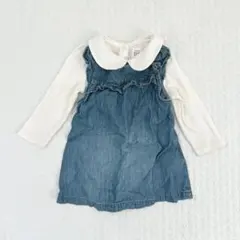 襟付きリブロンパース、フリル袖デニムワンピース2点セット