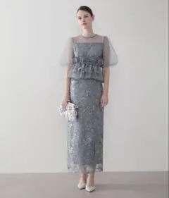 【LEJA】3WAYチュールラッフルフラワースパンコールIラインワンピースドレス
