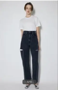 【moussy】THIGH SLIT BLK LOOSE STRAIGHT