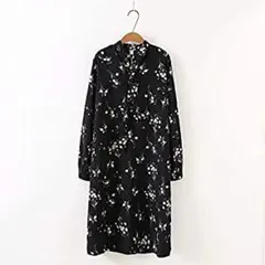 3L 新品 長袖花柄ワンピース 黒 大きいサイズ レディース Aライン ひざ丈