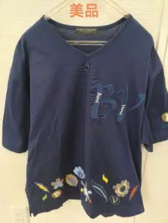 美品　BARNI VARNO　バーニヴァーノ　花柄 刺繍　Tシャツ ネイビー　Lのサムネイル