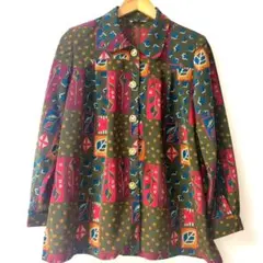 80s 昭和レトロ カラフルパターンの長袖シャツ １点物 豪華ボタン希少 日本製のサムネイル