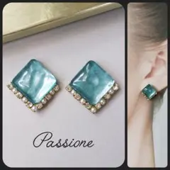 【一点物】エフェクトグリーン×パール＆ガラスチェーン ピアス/イヤリング