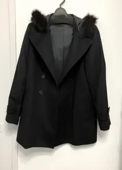 カシミヤ 100% 黒　ダブルボタン　ファーフード付きコート