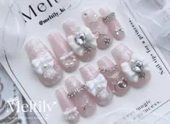 No.151②【即納・付属品有】現品 ネイルチップ ガーリー 千鳥柄 リボン