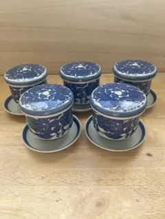 橘吉　たち吉　茶碗蒸し　5客セット　青　皿付　食器　未使用に近い