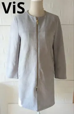 ビス ノーカラーコート ジップアップ Mサイズ スエード調 グレー