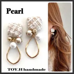 ベージュストライプ包みボタン　ゆらゆらパール　ハンドメイドピアス　イヤリング