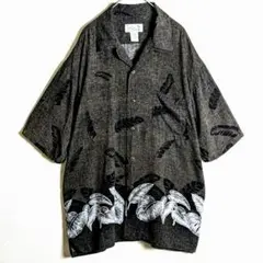 開襟 アロハシャツ 黒 リーフ柄 裾ボタニカル L 大人モード ゆったり 古着のサムネイル