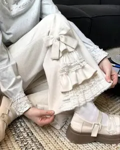 リボン パンツ カジュアルパンツ ホワイト Lサイズ