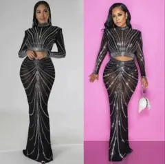 社交ダンス ステージ衣装 パーティードレス 総柄 黒 シルバーL