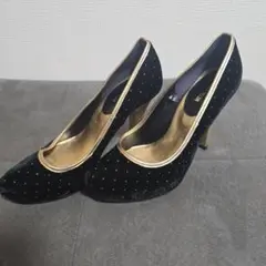 ★黒ベルベットハイヒール ゴールド装飾★23.5cm