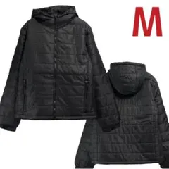 Mサイズ 中綿ライトダウンジャケット 軽量 フード付きブルゾン 黒 27