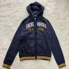 アバクロンビー&フィッチ　ジップアップパーカー　ロゴ　裏起毛　ネイビー　L