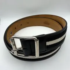 良品 バリー★メンズ ストライプベルト レザー 本革+布　黒 白　94cmのサムネイル
