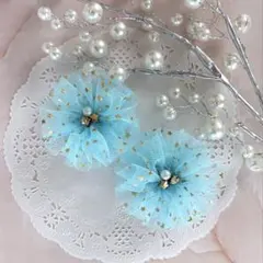 ふわふわチュールヘアゴム ブルー