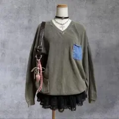 y2k 00s archive 平成ギャル グランジ デニムポケット リブニット