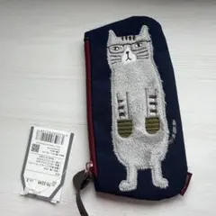 猫刺繍ポーチ ネイビー
