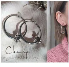 1073-S＊２way イヤリング メタルシルバー フープ クロスリング