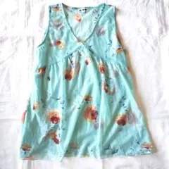 クレドソル　ノースリーブ　ブラウス　水色✕花柄　サイズＬ