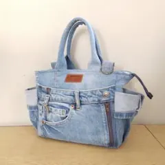 デニムトートバッグ ライトブルー デニムリメイク サイドポケット