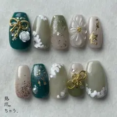 【現品・即購入OK】成人式/振袖/和装ネイルチップ 緑×グレー フラワー×和柄