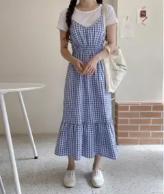 ギンガムチェック　キャミワンピース　ブルー　水色
