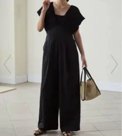 Ranan バックリボンシャーリングサロペット 黒 フリル袖 オールインワン