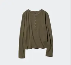 【美品】UNIQLO リブヘンリーネックT オリーブ　M size