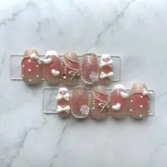 【チークネイル】 ハートリボンデザイン ホワイト フレンチ ドット ピンク
