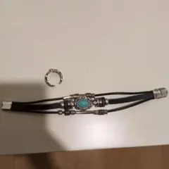 ターコイズ ブレスレット 黒革 ヴィンテージ ナバホ族風 指輪