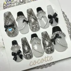 【02】推し活 ネイルチップ 量産型 フレンチガーリー スナ系 チェック×リボン