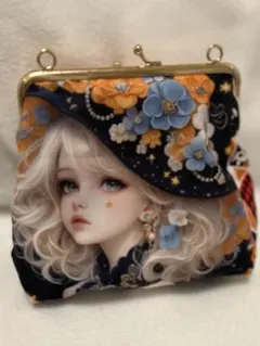 オレンジ帽子の少女 帽子ハロウィン 両面パネルがま口ポーチ1