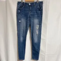 ￼ ダメージ加工 パッチワーク スキニーデニム ジーパン ボトムス ストレッチ