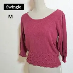 Swingle 七分袖 リブ ダイヤ柄 デザイン ニット Mのサムネイル