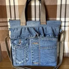 デニムリメイク2waxファスナートートショルダーバッグ
