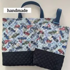 〔車柄〕チェッカーフラッグ　レッスンバッグ　上履き入れ　ハンドメイド　2点セット