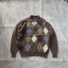 アーガイル ニットポロシャツ シェットランドウール XXL ブラウン