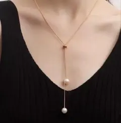 新品✨️ネックレス ロング パール 長さ調節可 ゴールド ロープチェーン