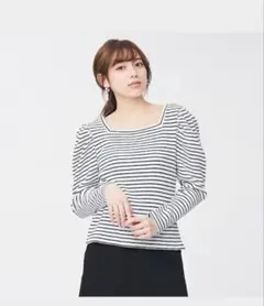 GU ジーユー　リブ2WAYボリュームスリーブトップス　ボーダー